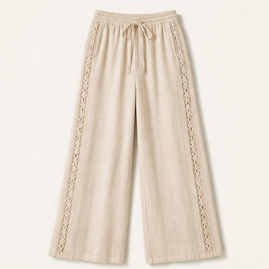Crochelle Women's Crochet Trim Pants - Lightweight Drawstring Straight Leg Summer Pants with Pockets