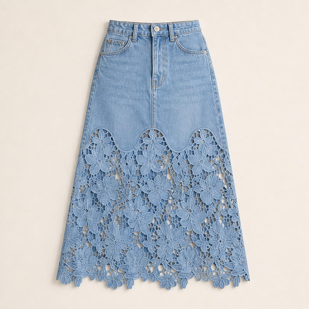 Denim Lace Hem Maxi Skirt | High-Waisted A-Line Style - Floral Crochet Trim Light Wash
