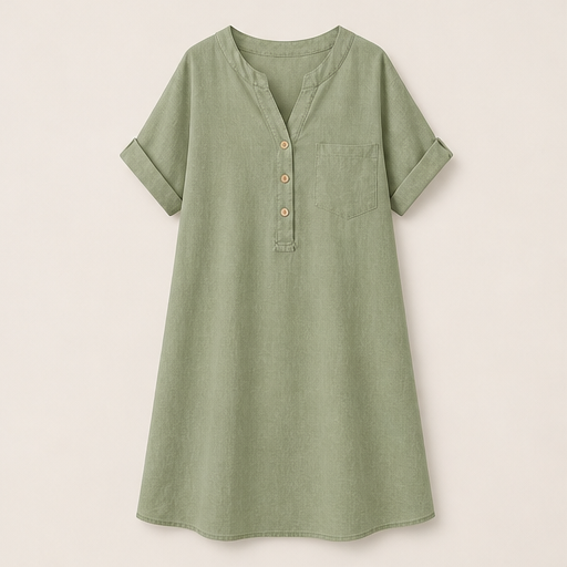 Blue V-Neck A-Line Dress | Cotton-Linen Midi with Pockets - Button Placket, Roll-Sleeve Sage Green