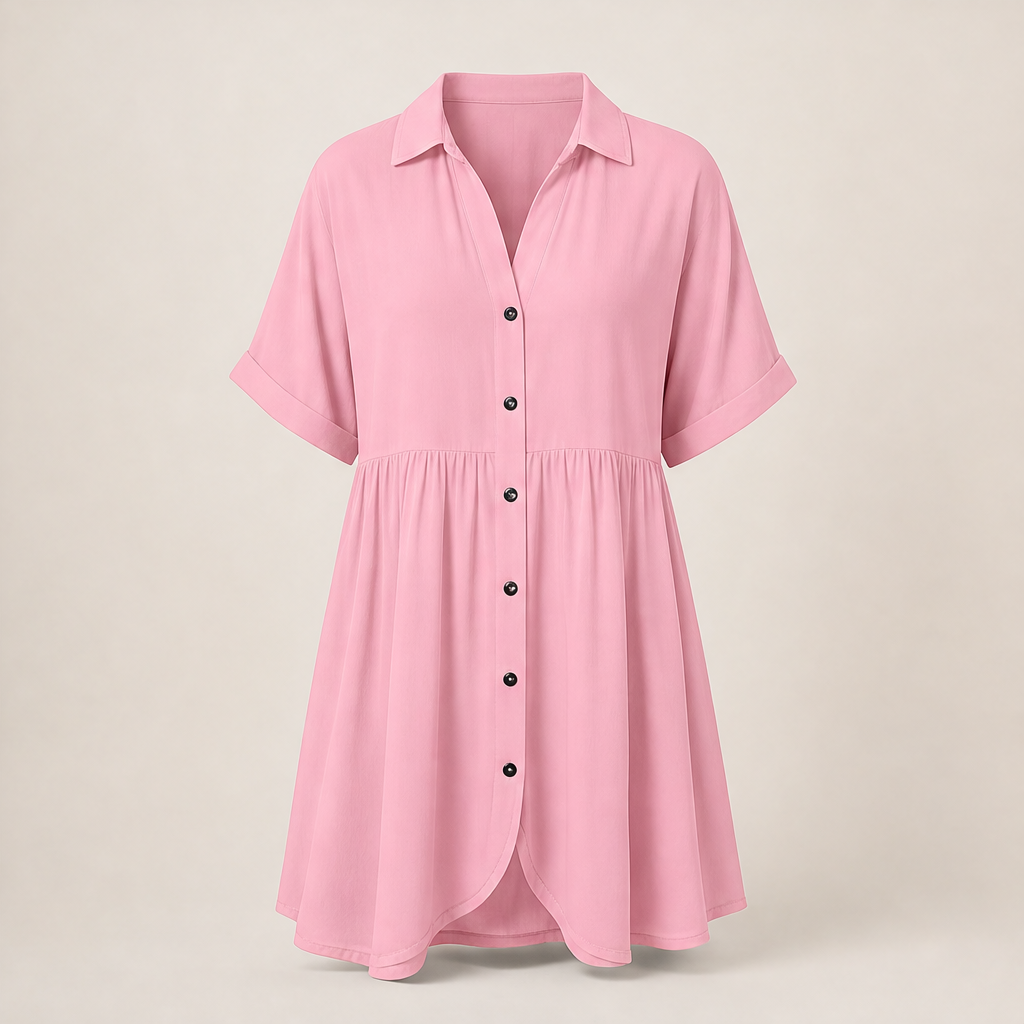 Marlowe Women's Short Sleeve Babydoll Dress - Button Down Shirt Dress with Pockets Pink