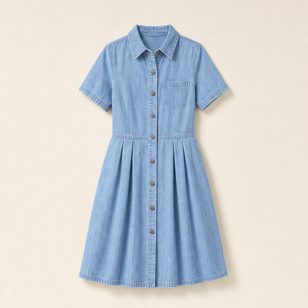 Blue Denim Shirt Dress | Button-Front A-Line Midi - Short Sleeve with Pockets Light Wash Blue