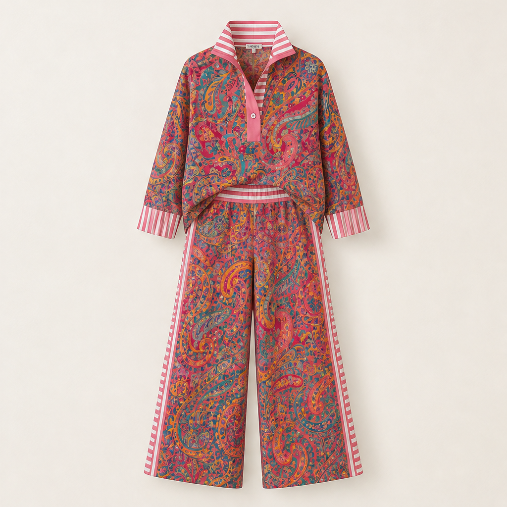Pink Paisley Two-Piece Set | Contrast-Stripe Wide-Leg Trouser & Top - Women's Matching Set Pink Paisley
