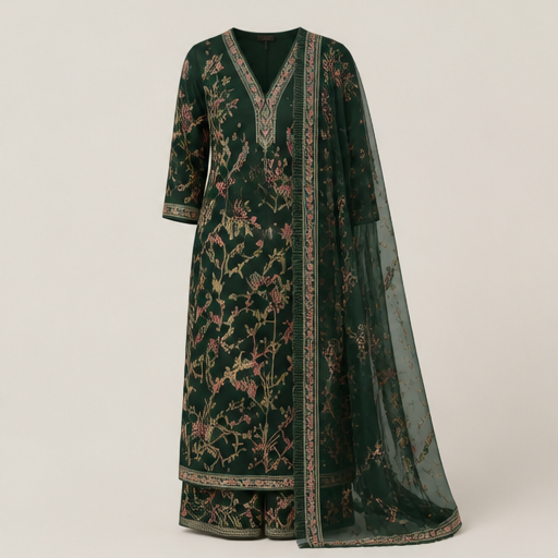 Ivory Banarasi Salwar Suit | Unstitched Silk Three-Piece Set - Hand-Embroidered Zari Floral Suit for Women Bottle Green