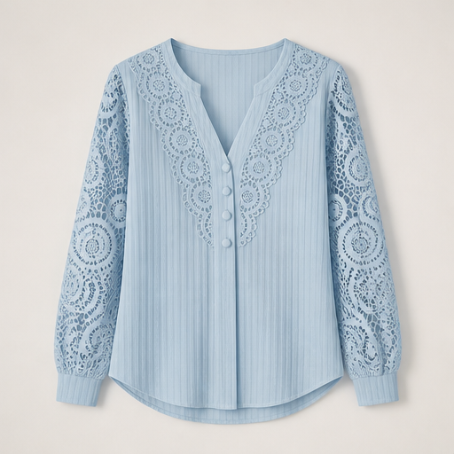 Ivory Lace Patchwork Top | Crochet V-Neck Long Sleeve Blouse - Pearl Button Detail Sky Blue