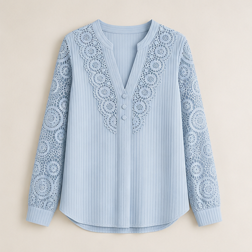 Cream Lace V-Neck Top | Crochet Sleeve Blouse for Women - Long Sleeve Pintuck Top Powder Blue