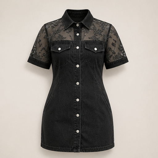 Denim Mini Dress | Sheer Lace Shirt Dress for Women - Button-Front with Pockets Black