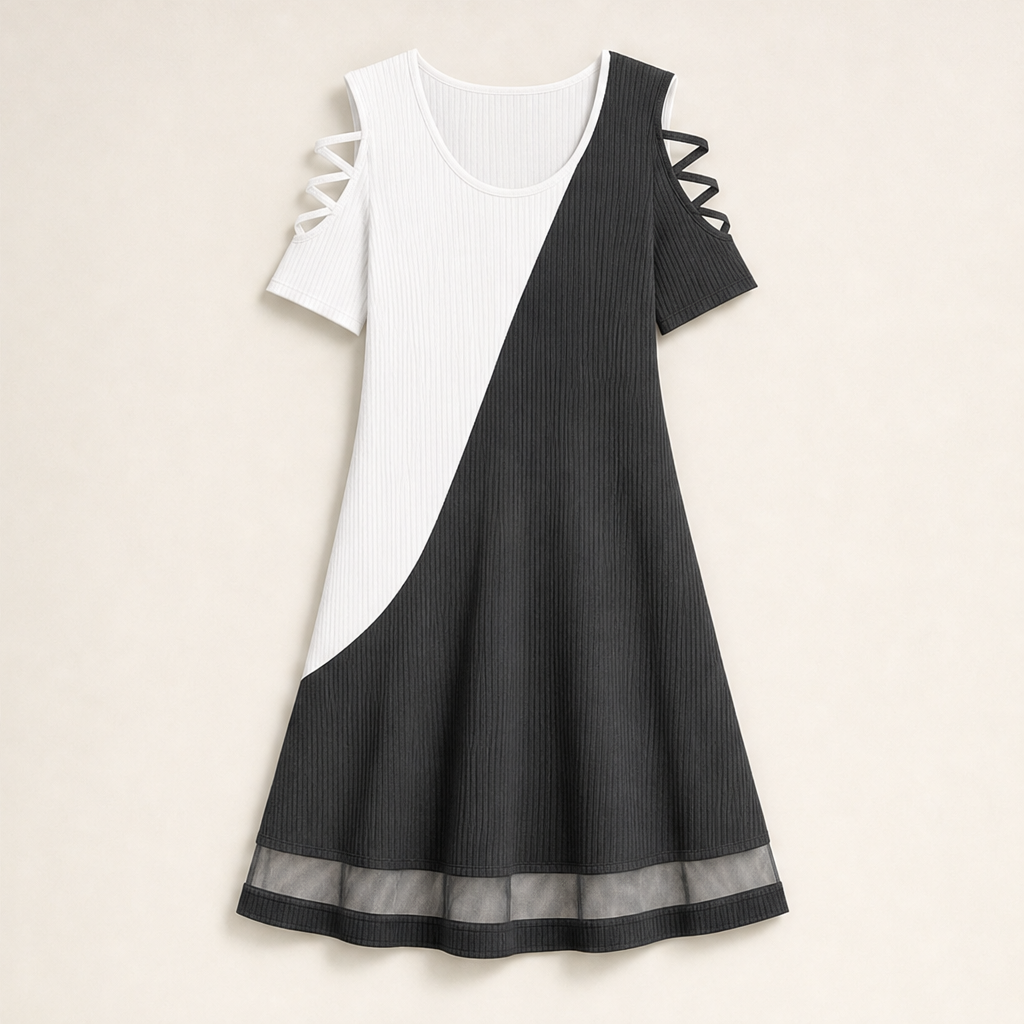 Black Colour Block Midi Dress | Round Neck Ribbed Knit with Cold Shoulder - Sheer Mesh Hem Charcoal/White
