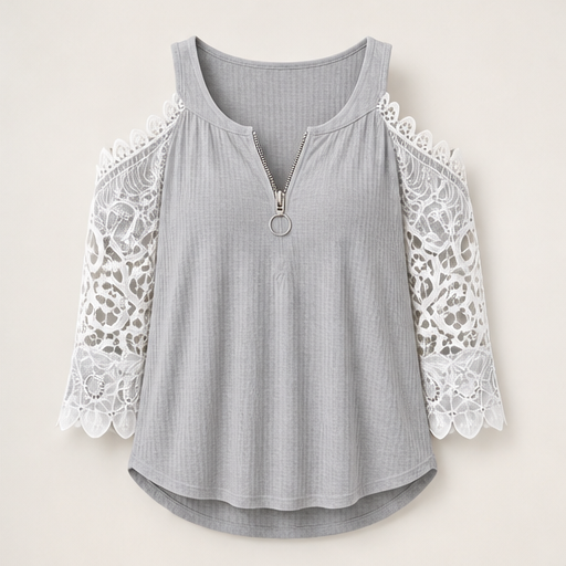 Burgundy Cold Shoulder Lace Top | Zip Front Blouse for Women - Ribbed Knit with Floral Lace Sleeves Grey