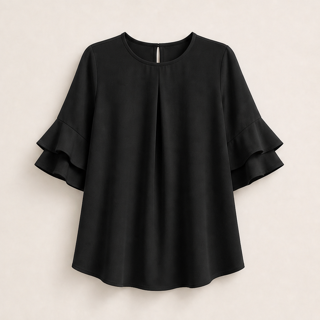 Light Blue Ruffle Sleeve Blouse | Tiered Bell Sleeve Top for Women - Round Neck with Front Pleat Black