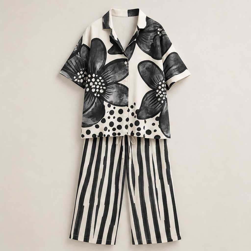 Green Floral Print Two-Piece Set | Short Sleeve Top & Wide Leg Trousers - Women's Loose Fit Matching Set Black