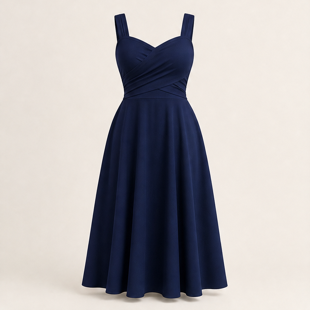 White Criss-Cross Waist Midi Dress | Fit and Flare A-Line Dress for Women - Sweetheart Neckline with Pockets Navy