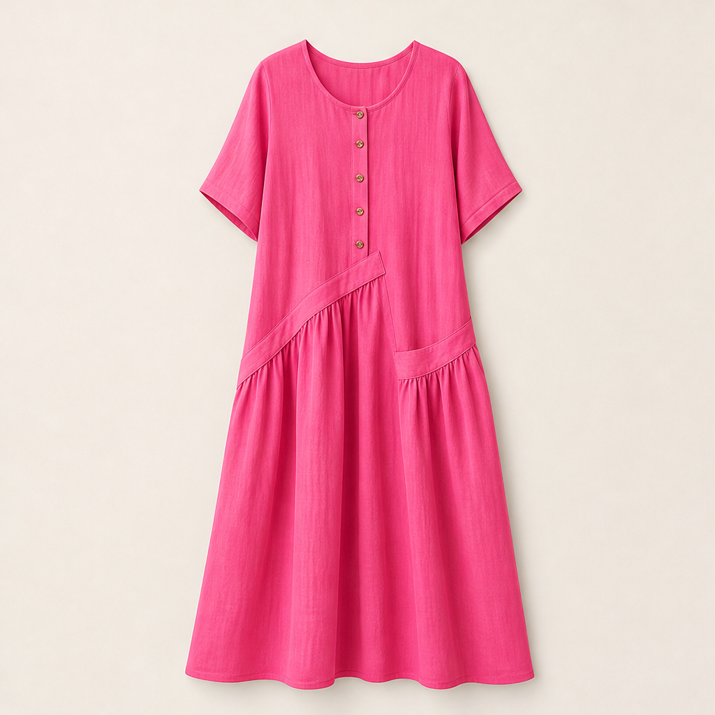 Sky Blue Cotton Linen Maxi Dress | Short Sleeve Button-Front Summer Dress with Pockets Fuchsia