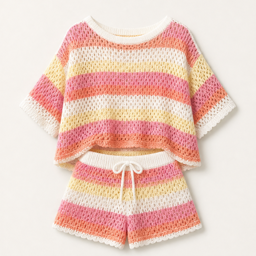 Marisol Women's Open-Knit Short Sleeve Top & Shorts Set - Crochet-Style Striped Two-Piece Summer Loungewear Multicolour Stripe