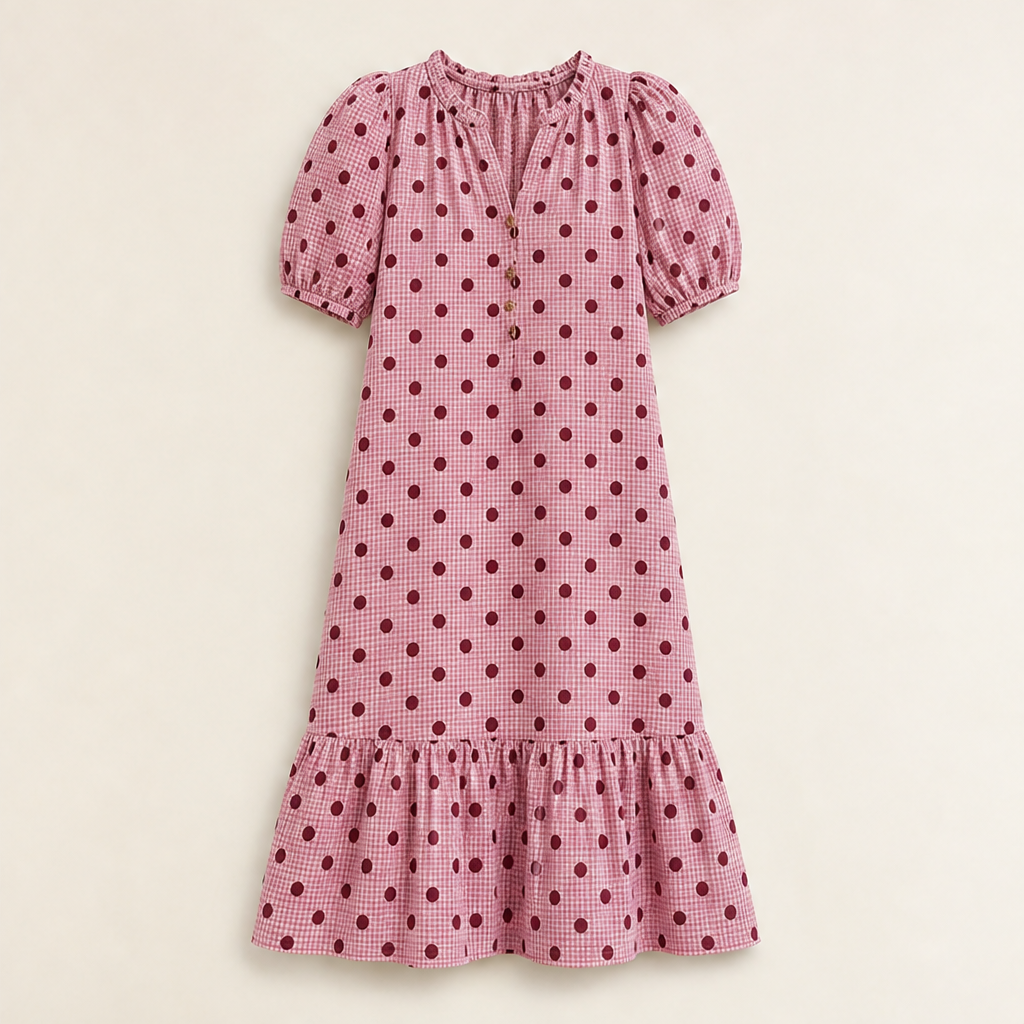 Pink Polka Dot Midi Dress | Puff Sleeve Gingham Tiered Dress - V-Neck Button Front Pink