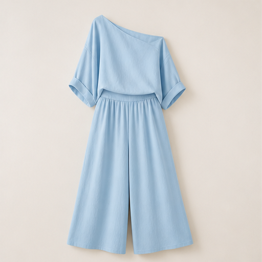 Ivory Off-Shoulder Wide Leg Set | Two-Piece Linen-Look Top & Trousers - Matching Set for Women Sky Blue