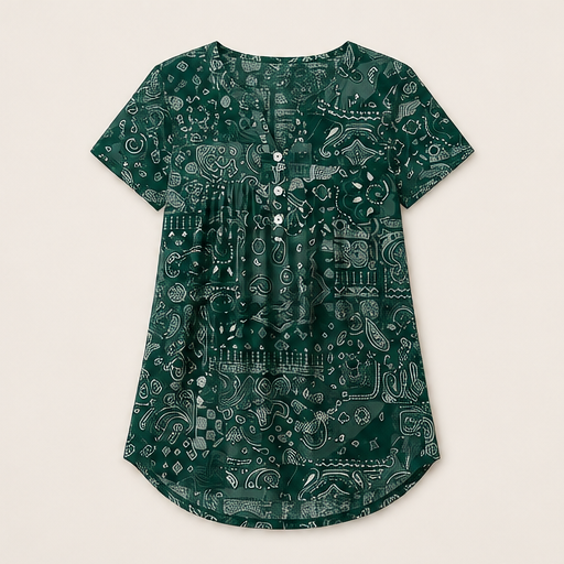 Black Paisley Print V-Neck Top | Casual Short Sleeve Blouse for Women - Relaxed Fit Henley Tunic Green