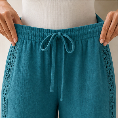 Crochelle Women's Crochet Trim Pants - Lightweight Drawstring Straight Leg Summer Pants with Pockets