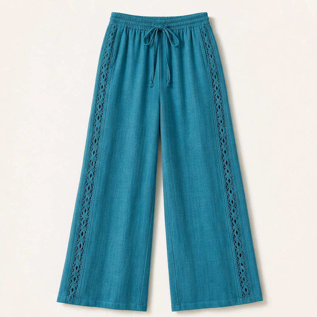 Crochelle Women's Crochet Trim Pants - Lightweight Drawstring Straight Leg Summer Pants with Pockets