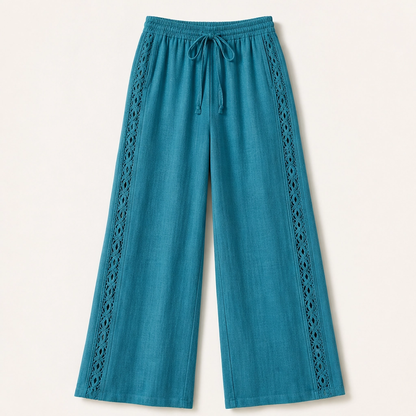 Crochelle Women's Crochet Trim Pants - Lightweight Drawstring Straight Leg Summer Pants with Pockets