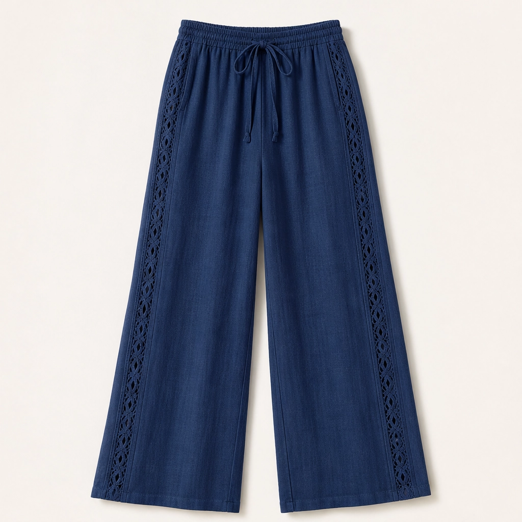 Crochelle Women's Crochet Trim Pants - Lightweight Drawstring Straight Leg Summer Pants with Pockets
