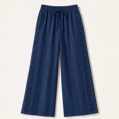 Crochelle Women's Crochet Trim Pants - Lightweight Drawstring Straight Leg Summer Pants with Pockets