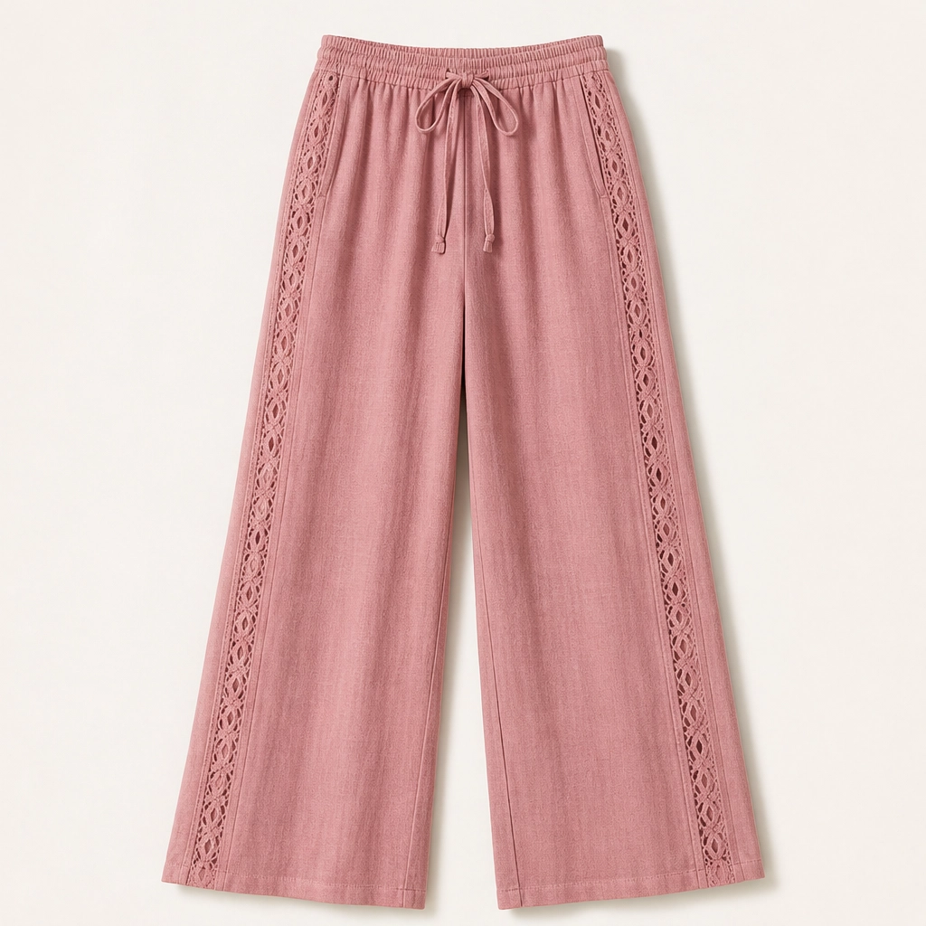 Crochelle Women's Crochet Trim Pants - Lightweight Drawstring Straight Leg Summer Pants with Pockets
