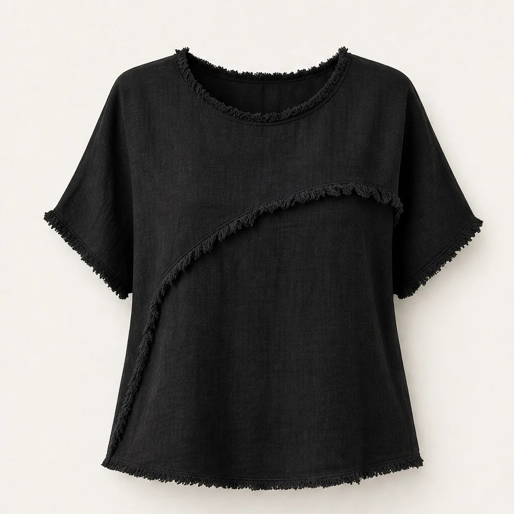 Frayla Women's Raw Edge Summer Top - Relaxed Fit Round Neck Casual Tee
