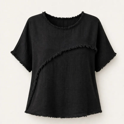 Frayla Women's Raw Edge Summer Top - Relaxed Fit Round Neck Casual Tee