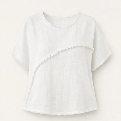 Frayla Women's Raw Edge Summer Top - Relaxed Fit Round Neck Casual Tee