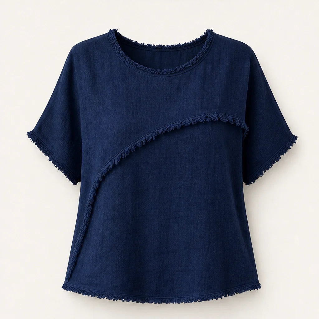Frayla Women's Raw Edge Summer Top - Relaxed Fit Round Neck Casual Tee