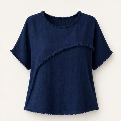 Frayla Women's Raw Edge Summer Top - Relaxed Fit Round Neck Casual Tee