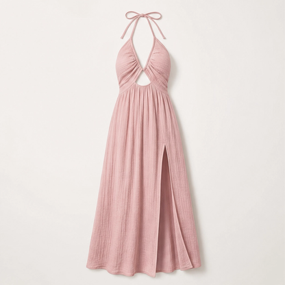 Solenne Women's Halter Maxi Dress - Backless V-Neck Summer Dress with High Slit