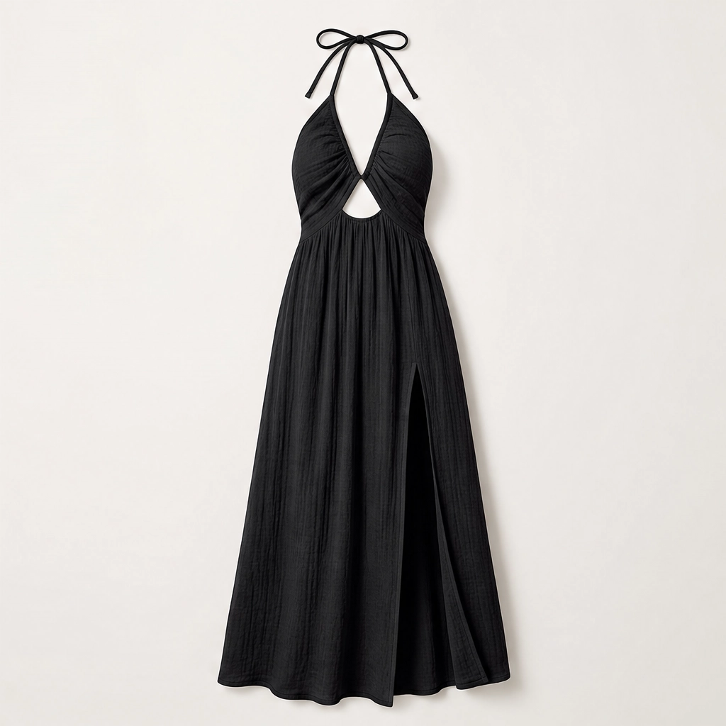 Solenne Women's Halter Maxi Dress - Backless V-Neck Summer Dress with High Slit