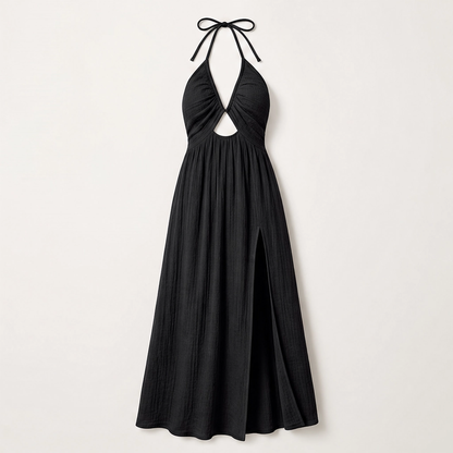 Solenne Women's Halter Maxi Dress - Backless V-Neck Summer Dress with High Slit