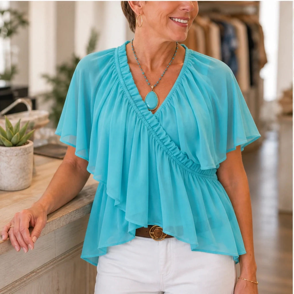 Thalise Women's Chiffon Blouse - Ruffled Faux Wrap Top with Flutter Sleeves