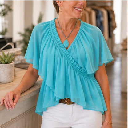 Thalise Women's Chiffon Blouse - Ruffled Faux Wrap Top with Flutter Sleeves