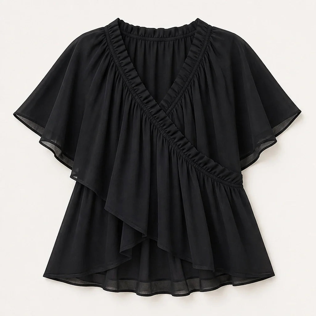 Thalise Women's Chiffon Blouse - Ruffled Faux Wrap Top with Flutter Sleeves