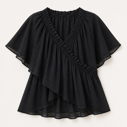 Thalise Women's Chiffon Blouse - Ruffled Faux Wrap Top with Flutter Sleeves