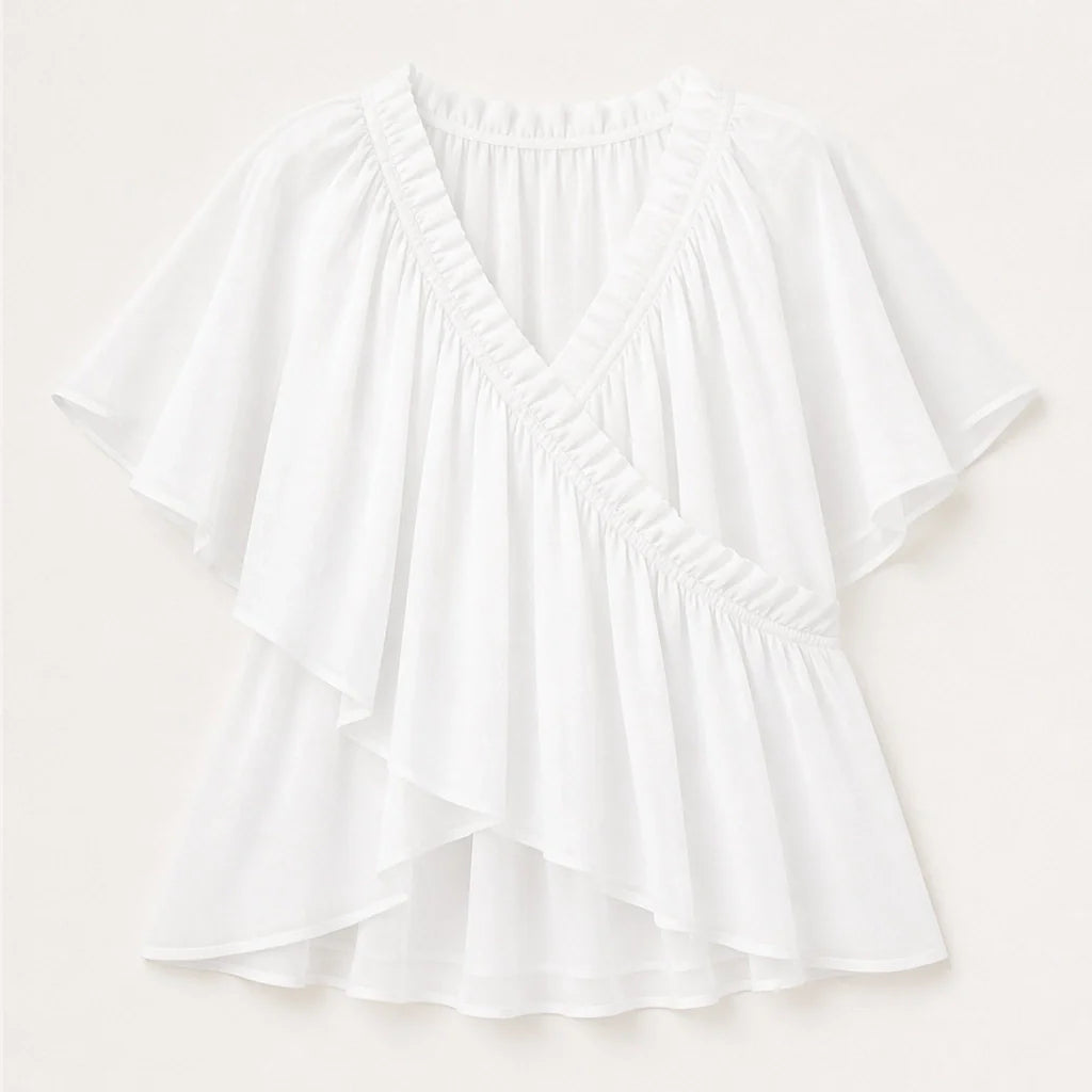 Thalise Women's Chiffon Blouse - Ruffled Faux Wrap Top with Flutter Sleeves