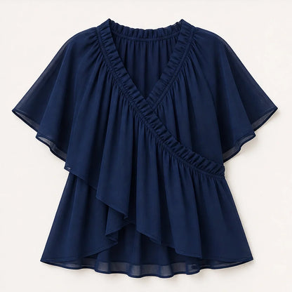 Thalise Women's Chiffon Blouse - Ruffled Faux Wrap Top with Flutter Sleeves