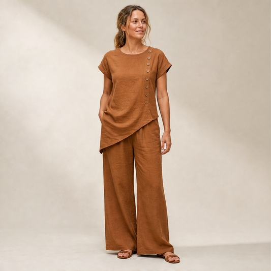 Rust Asymmetric Hem Top & Trouser Set | Women's Two-Piece Wide-Leg Outfit - Button Detail lifestyle