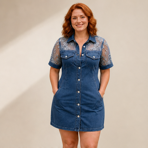 Denim Mini Dress | Sheer Lace Shirt Dress for Women - Button-Front with Pockets lifestyle