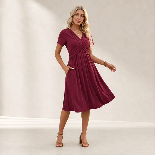 Verona Women's Cross-Front V-Neck Pleated A-Line Dress with Pockets - Short Sleeve Midi Dress lifestyle