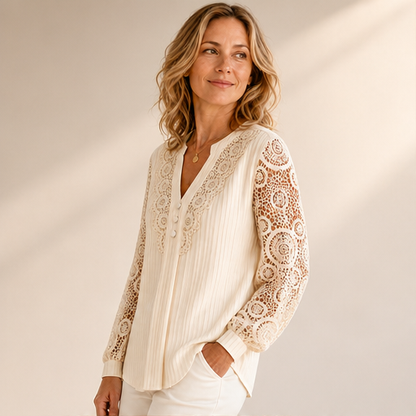 Ivory Lace Patchwork Top | Crochet V-Neck Long Sleeve Blouse - Pearl Button Detail lifestyle