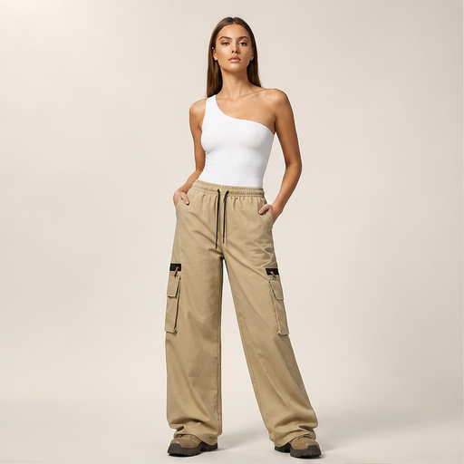 Khaki Cargo Trousers | Relaxed Fit Stretch Utility Pants - Women's Wide Leg with Pockets lifestyle
