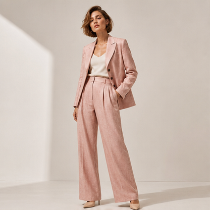 Pink Blazer and Trouser Set | Women's Two-Piece Suit - Tailored Wide Leg Workwear lifestyle