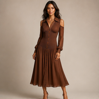 Brown Cold Shoulder Midi Dress | Chiffon Sleeve Shirt Dress - Ruched Waist Button Front lifestyle