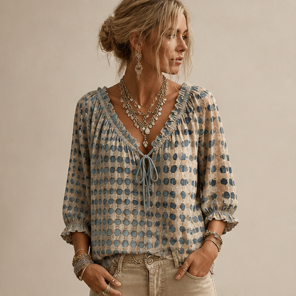 Beige Print Polka Dot Blouse | Lace-Up V-Neck Top - 3/4 Sleeve Boho Style lifestyle