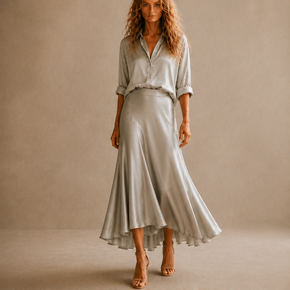 Grey Satin Shirt & Midi Skirt Set | Two Piece Button Down Top with High Waist Flared Skirt lifestyle