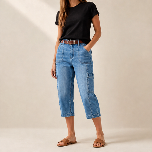 Light Blue Denim Cropped Jeans | Stretchy Cargo Capri Trousers for Women - Cropped Length lifestyle
